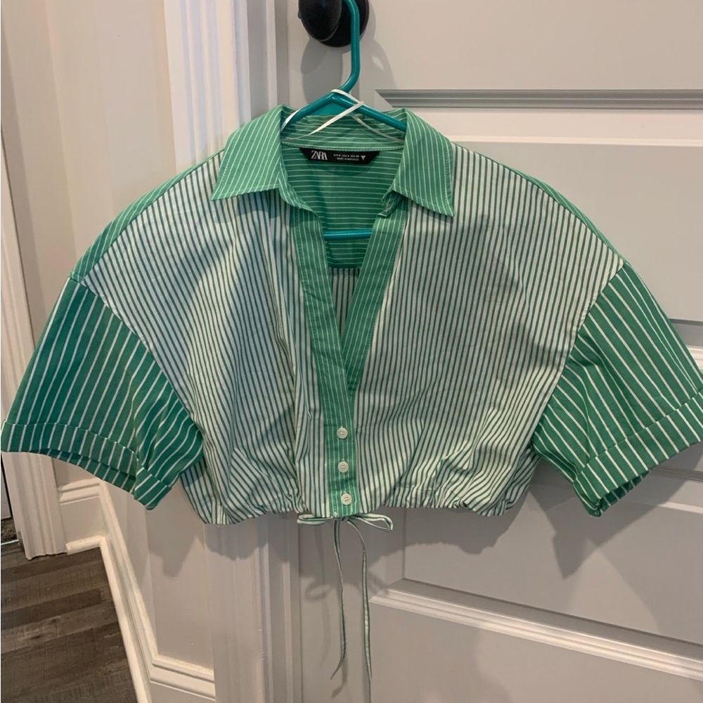 Green Striped Cropped Shirt